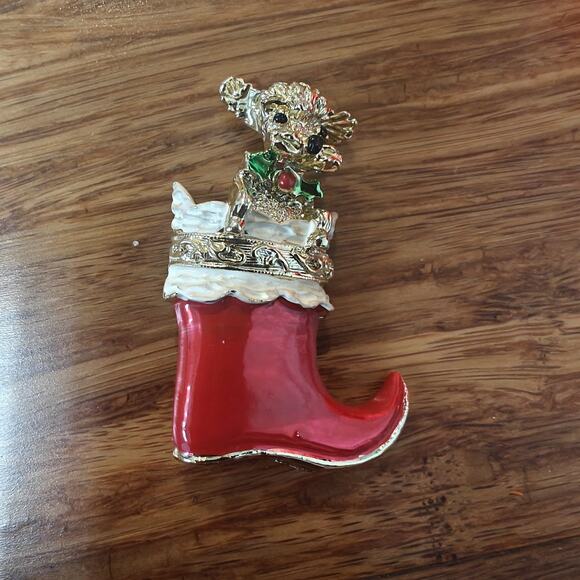 Gerry's Christmas Poodle in Red Stocking Brooch 1 5/8 Inch Puppy Dog Enamel Pin - Picture 1 of 7